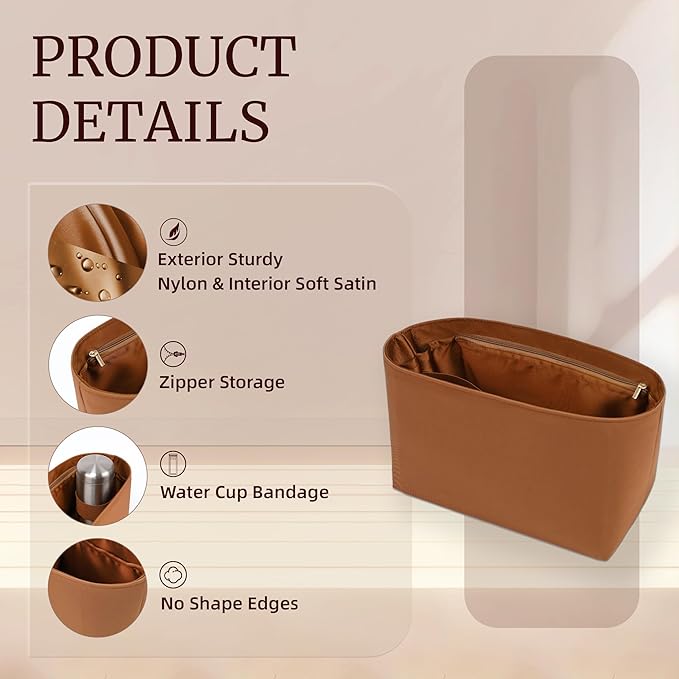 Purse Organizer Insert, Satin Tote Bag Organizer with 8 Sizes, Handbag Dividers for Inside Purse, Compatible with Longchamp, Neverful, 25C Hobo and More Bags（Large,Brown）