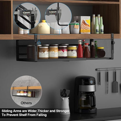 AmonHouseware 2Pack Under Shelf Basket, Adjustable Hanging Under Cabinet Shelf Storage, Hanging Holder Length Stretchable 14.9-22.6Inch for Kitchen Pantry Desk Counter Bookshelf Cupboard (Black)