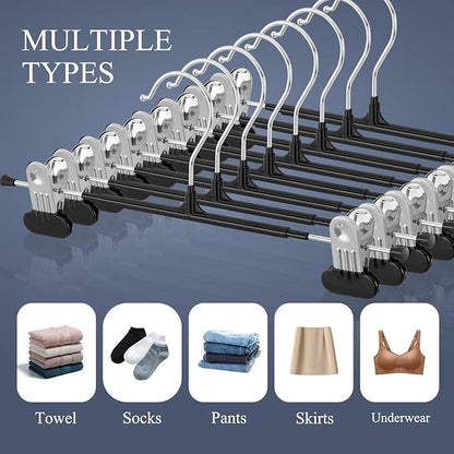 14Inch Clothes Pants Hangers with Wide Clips 10 Pack,Non-Slip Adjustable Skirt Hanger for Women,Space-Saving Heavy Duty Men Hangers for Pants,Trousers,Jeans,Shorts,Black