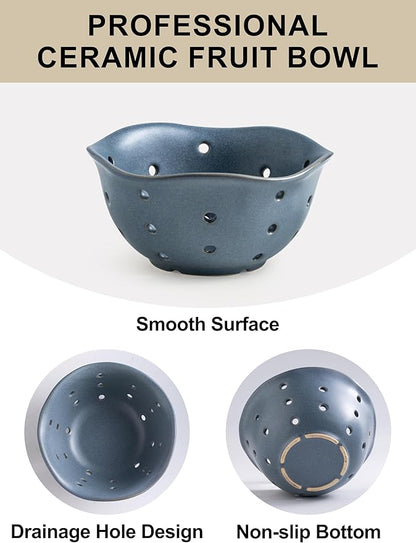 Gomakren Ceramic Berry Basket Set of 2, Elegant Fruit Basket Container 6 Inch, Fruit Bowl with Holes for Kitchen Counter, Berries, Strawberry, Grape, Cherry, Floral Shape - Slate Blue