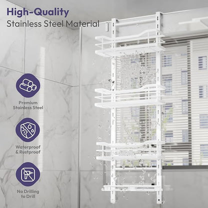 SWTYMIKI Over the Door Shower Caddy - 4 Tier Adjustable Shower Organizer Hanging with Soap Holder, No Drilling Stainless Steel Bathroom Rack Hanging for Body Wash, Shampoo, Soap, Razor, White