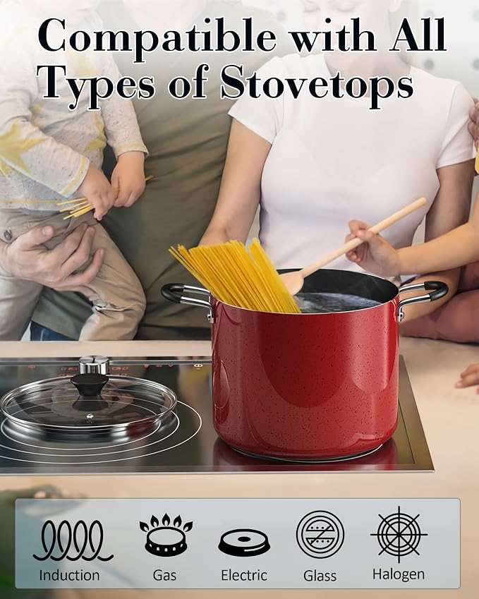 Cook N Home Professional 8 Quart Non Stick Stock Pot with Lid, Riveted Handles, Big Soup Pot for Holiday Feasts, Stockpot with Even Heating, Induction Cookware, Oven & Dishwasher Safe, Marble Red