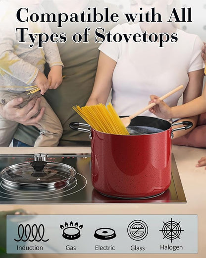 Cook N Home Professional 8 Quart Non Stick Stock Pot with Lid, Riveted Handles, Big Soup Pot for Holiday Feasts, Stockpot with Even Heating, Induction Cookware, Oven & Dishwasher Safe, Marble Red