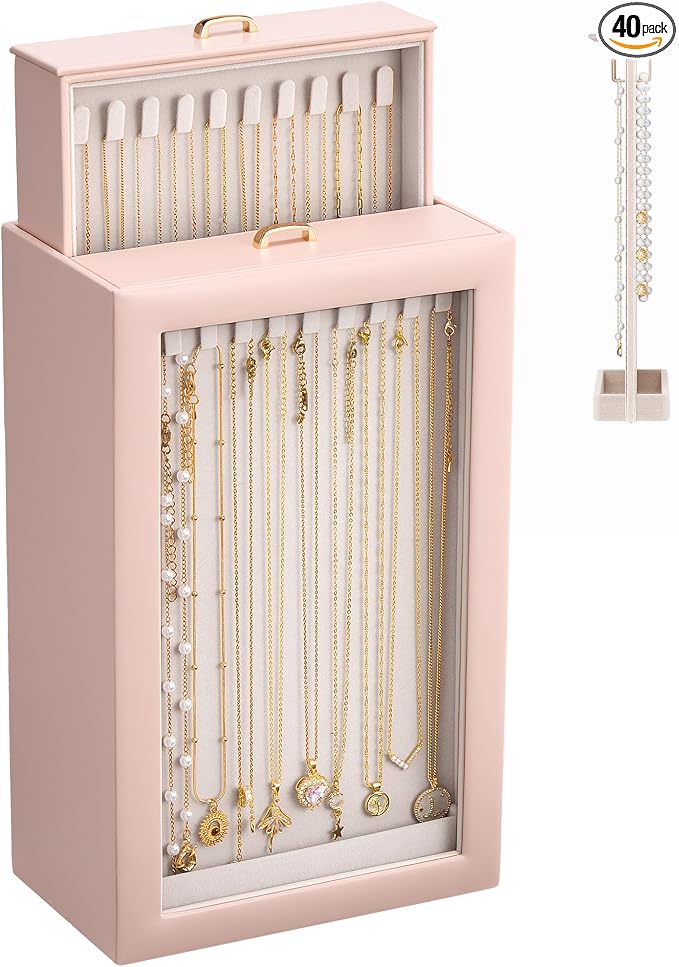 Lolalet Upgraded Double-Sided Hanging Necklace Organizer Box, Jewelry Display Case with Double-Sided Clear Window for Necklaces Bracelets, Tangle-Free Necklace Storage Box, Pink, 2-Layer 40 Hooks