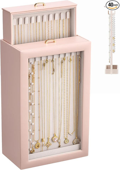 Lolalet Upgraded Double-Sided Hanging Necklace Organizer Box, Jewelry Display Case with Double-Sided Clear Window for Necklaces Bracelets, Tangle-Free Necklace Storage Box, Pink, 2-Layer 40 Hooks