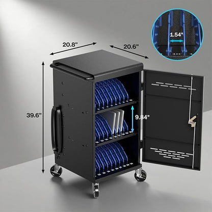 Fully Assembled 30 Unit Device Charging Station for Chromebook, iPad, 14'' Laptop - Charging Cart with Charger Cable Management, Circuit Breaker, Grounding Protection