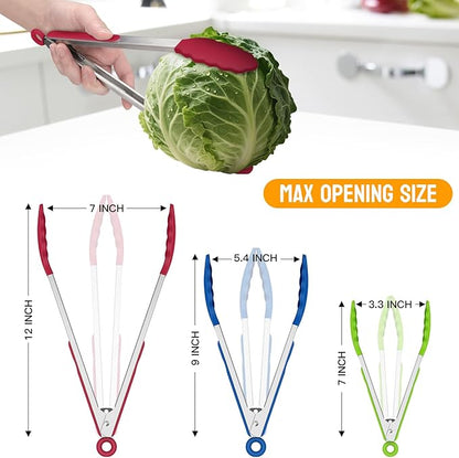 Hotec Premium Stainless Steel Locking Kitchen Tongs with Silicon Tips, Set of 3-7", 9" and 12" multicolor