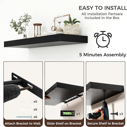 Floating Shelves for Wall, 40" W x 12" D x 2" H, 1 Pack of Long Wall Mounted Engineered Wood Shelves with Invisible Brackets for Living Room, Bedroom, Bathroom, Kitchen Decor, Black