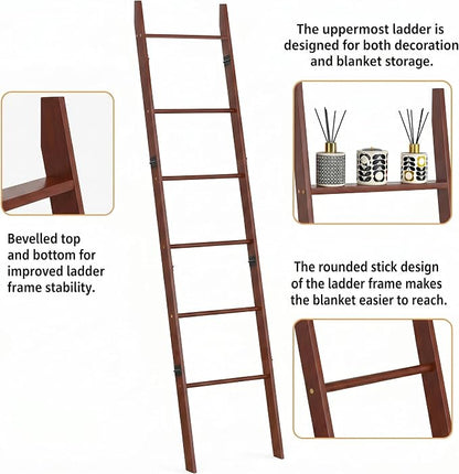 6 Tier Brown Blanket Ladder with Shelf, Wooden Blanket Rack for Living Room, Leaning Towel Ladder Rack for Bedroom, Bathroom, Quilts, Throws, Towels and Farmhouse Décor