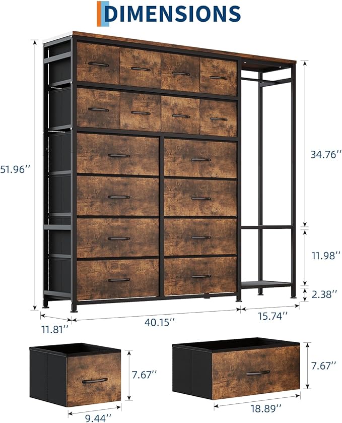 GarveeHome Dresser with 16 Drawers & Hanging Rod & Shelves, Fabric Storage Organizer for Bedroom, Closet, or Entryway