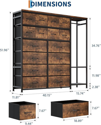 GarveeHome Dresser with 16 Drawers & Hanging Rod & Shelves, Fabric Storage Organizer for Bedroom, Closet, or Entryway
