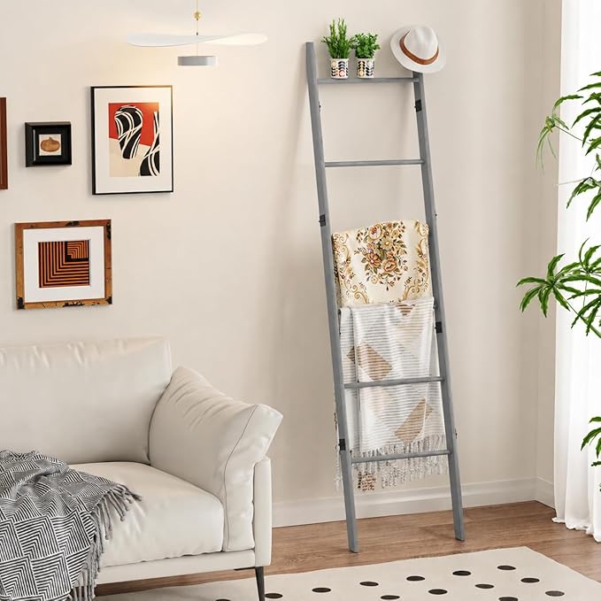 BAMBANG 6-Tier Blanket Ladder for Living Room, Blanket Quilt Ladder Rack Rustic Decorative Towel Holder, Wall Leaning Blanket Ladder Shelf Storage Farmhouse Decor for Bedroom Bathroom, Gray