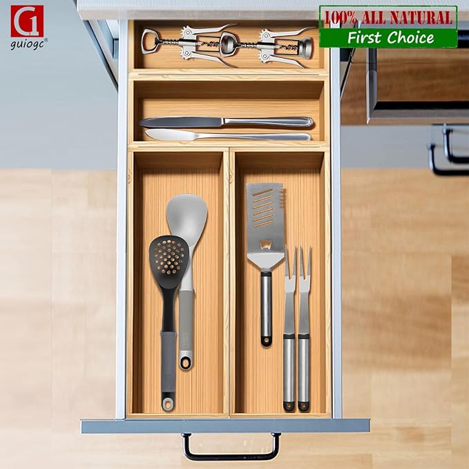 guiogc Bamboo Drawer Silverware Organizer, Set of 4 | Flatware Organizer, Large 14.2"x5"x2", Small 9.85"x3.55"x1.78", For Office, Bathroom Storage
