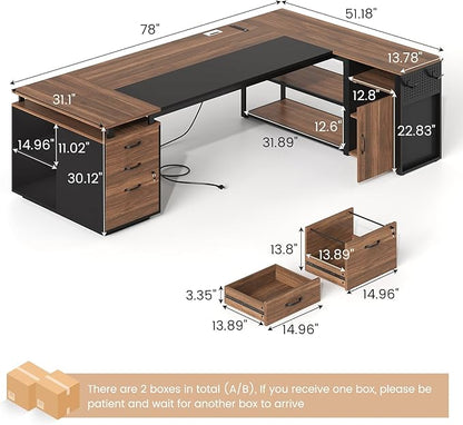 78" Executive Desk with Lockable File Cabinet, L Shaped Office Desk with Power Outlets, Large Executive Desk with Drawers and Storage Shelves , Reversible Computer Desk with Privacy Screen, Walnut