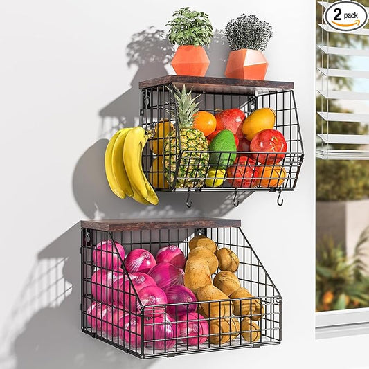 Fruit and Vegetable storage, 2 Set Wall Mounted Wire Baskets, Fruit Basket for Kitchen Counter, Hanging Fruit Basket, Potato Onion Basket, Wire Basket for Organizing, Countertop Organization Pantry