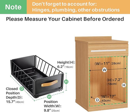 Pull out Cabinet Organizer,Heavy Duty Slide out Pantry Shelves Drawer Storage with Adhesive Nano Film,Sliding Mesh Cabinet Basket with Handle for Kitchen, Bathroom, Home, 9.8"W X 15.7"D X 6.2"H,Black