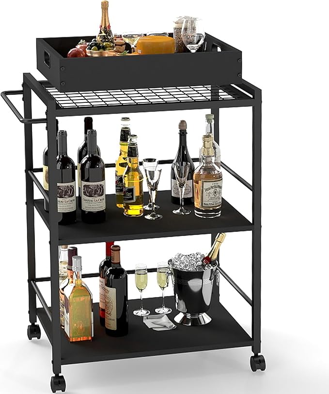 3 Tier Kitchen Cart, Rolling Bar Cart for Tea, Coffee, Liquor, and Drink Service with Removable Serving Detachable Server, Black