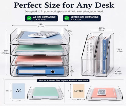 DCA Clear Acrylic Desk Organizer Set, 4 Tier Letter Tray with 2 Magazine File Holders, Clear Paper Organizer for Office, Home, School, Desktop File Storage for Documents, Books & Supplies