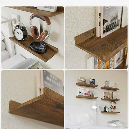 RICHER HOUSE 5 Set Floating Shelves for Wall Decor, Wall Mounted Book Shelf, Nursery Shelves Picture Ledge Shelf with Lip for Storage, Bedroom, Living Room, Bathroom - Brown