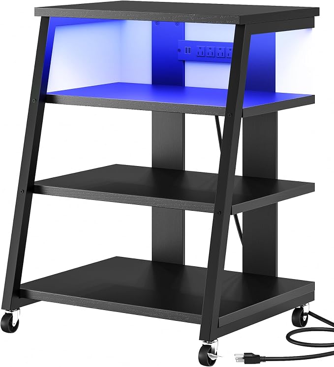 CHOEZON 4-Tier AV Media Stand with Wheels, Stereo Stands, Media Console Shelf with Power Strips, LED Lights, Wooden Audio Cabinet Rack Tower for Record Player/Apple TV/ps4, Black TCJ60UDBB