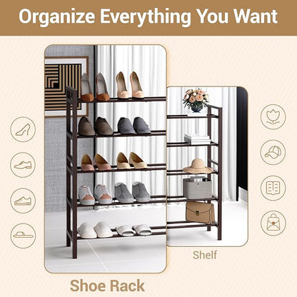 Haddockway Bamboo Shoe Rack for Closet, Free Standing Shoe Organizer with Smooth Round Rods & Convenient Handles, Stackable Shoe Storage Shelf for Entryway, Hallway(Brown, 5-Tier)