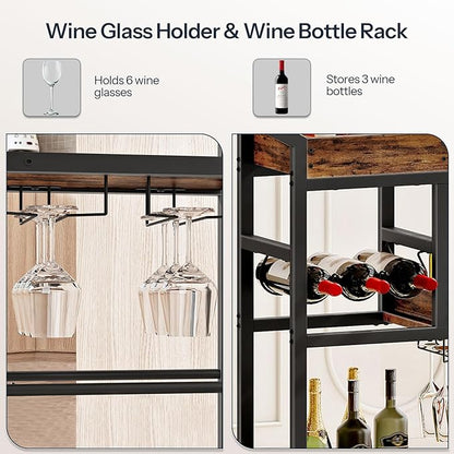 HOOBRO Bar Cart, Bar Cart for The Home, 3-Tier Home Bar Serving Cart with Wine Rack and Glass Holder, Kitchen Cart for Home, Living Room, Party, Bar, Rustic Brown and Black BF62TC01