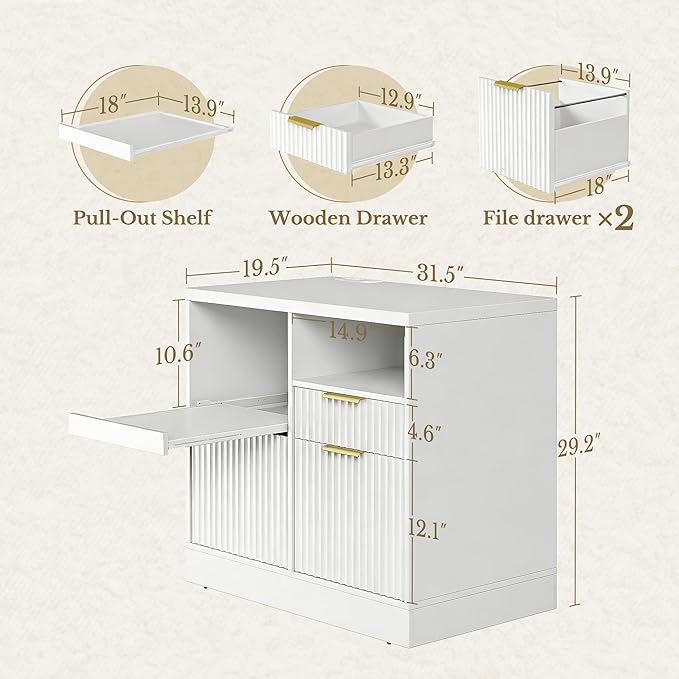 3 Drawer File Cabinet, Fluted Wood Lateral Filing Cabinet with Charging Station for Home Office, Fits for A4/Letter-Sized Files, Printer Stand with Open Storage Shelves, White
