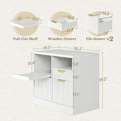 3 Drawer File Cabinet, Fluted Wood Lateral Filing Cabinet with Charging Station for Home Office, Fits for A4/Letter-Sized Files, Printer Stand with Open Storage Shelves, White