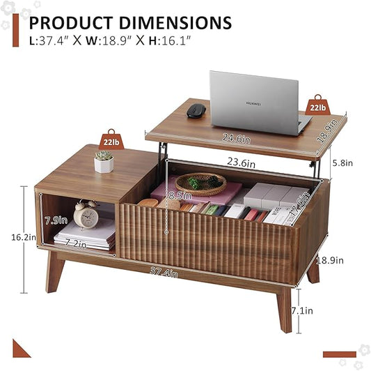 LYNCOHOME Fluted Lift Top Coffee Table with Storage, Modern Coffee Table for Living Room, Home Office（Walnut）