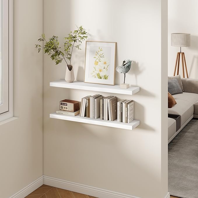 Fun Memories Rustic Real Wood Floating Shelves, 8 Inch Deep Floating Shelf Wall Mounted, 36" W x 8" D Wall Shelves Storage Shelves for Living Room, Bedroom, Bathroom, White Finish, Set of 2