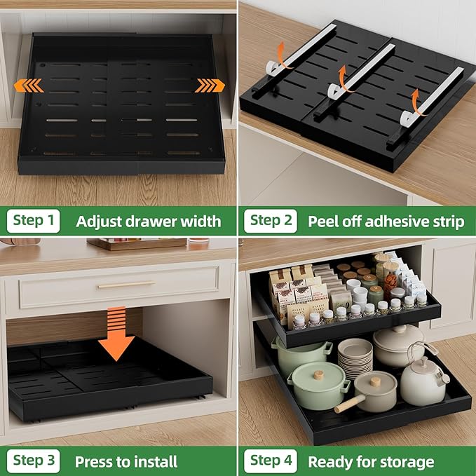 PAKETA 1 Pack Expandable Pull Out Cabinet Organizer, 21'' Deep Pull Out Drawers for Cabinets, Upgrade 3 Slide Rails Sliding Drawers for Cabinet with Adhesive Nano Film (Black)