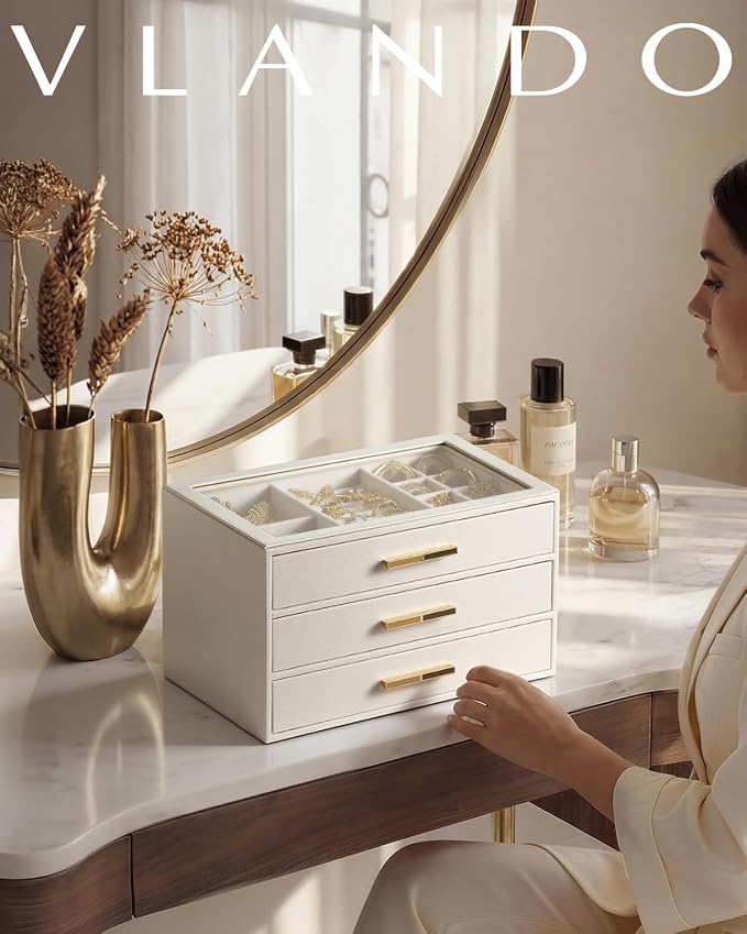 VLANDO Jewelry Box for Women, 3-Layer Jewelry Organizer with Drawers, Glass Lid Display Jewelry Storage, Soft PU Leather Exterior, Contrast Gold Metal Handles, Refined Style - Cloud White