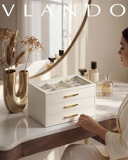 VLANDO Jewelry Box for Women, 3-Layer Jewelry Organizer with Drawers, Glass Lid Display Jewelry Storage, Soft PU Leather Exterior, Contrast Gold Metal Handles, Refined Style - Cloud White