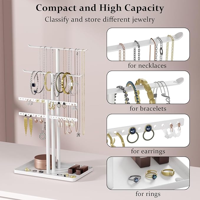 pickpiff Jewelry Stand Organizer, 14.5" Tall Sturdy Metal, 3-TierJewelry Holder for Necklace, Earring, Bracelet, Ring, Hanger for Display and Storage, Aesthetic Room Decor, White
