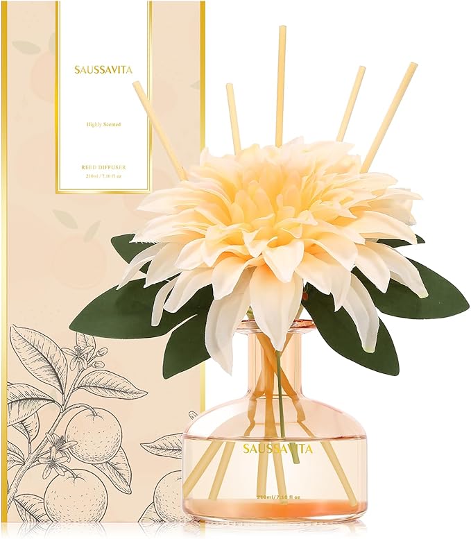 Saussavita Reed Diffuser Set for Home, 7.1 fl oz / 210 ml - Tangerine Scent Diffuser with Sticks Home Fragrance Flower Reed Diffuser with Plastic Flowers for Bathroom Shelf Décor