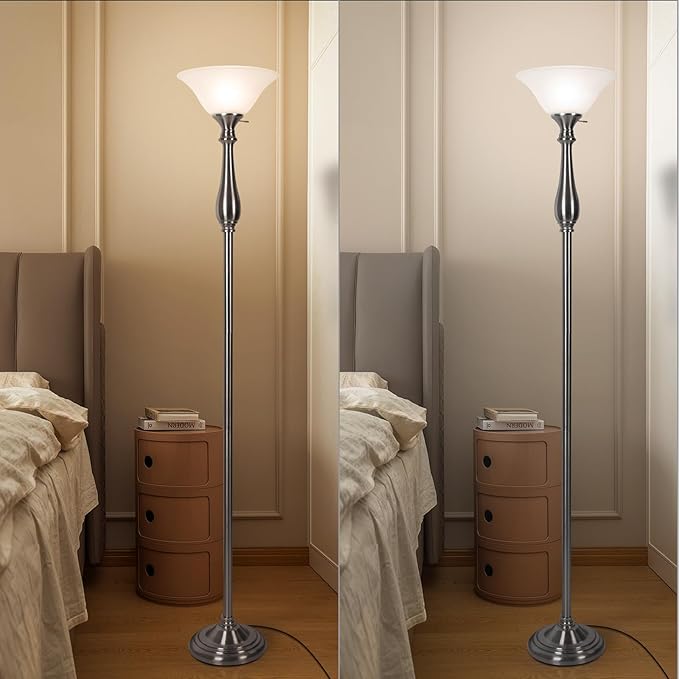 HonoDing Torchiere Floor Lamp for Living Room, Standing Lamp with White Alabaster Glass Shade, Iron Brushed Nickel Floor Lamps, Corner Lamps for Bedroom, Office, Reading