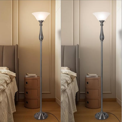 HonoDing Torchiere Floor Lamp for Living Room, Standing Lamp with White Alabaster Glass Shade, Iron Brushed Nickel Floor Lamps, Corner Lamps for Bedroom, Office, Reading