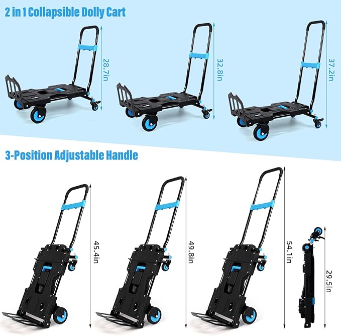 Folding Hand Truck, Collapsible Dolly Cart with Wheels, 330lbs Capacity Hand Dolly Heavy Duty with Retractable Handle, Ideal for Home, Auto, Office,Travel Use