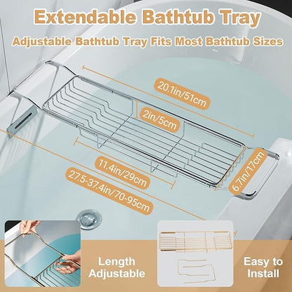 Stainless Steel Bathtub Caddy Tray, Expandable Bath Tub Tray Table, Adjustable Bathroom Tray, Bath Organizer Tub Shelf,Black,26.8~35.4in