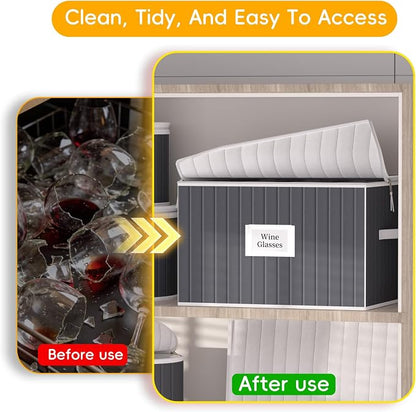 Wine Glass Storage Box, Glassware Storage Containers w/Hard Shell Side Bottom Support & Padded Dividers, Stackable Stemware Storage Case for 24 China Crystal Glasses Drinkware, Moving Supplies