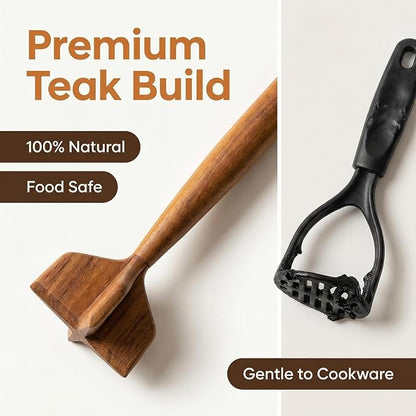 Natural Teak Wood Meat Masher, Ground Beef Masher, 11.5 Inch Chicken Shredder Tool, Multipurpose Kitchen Tool