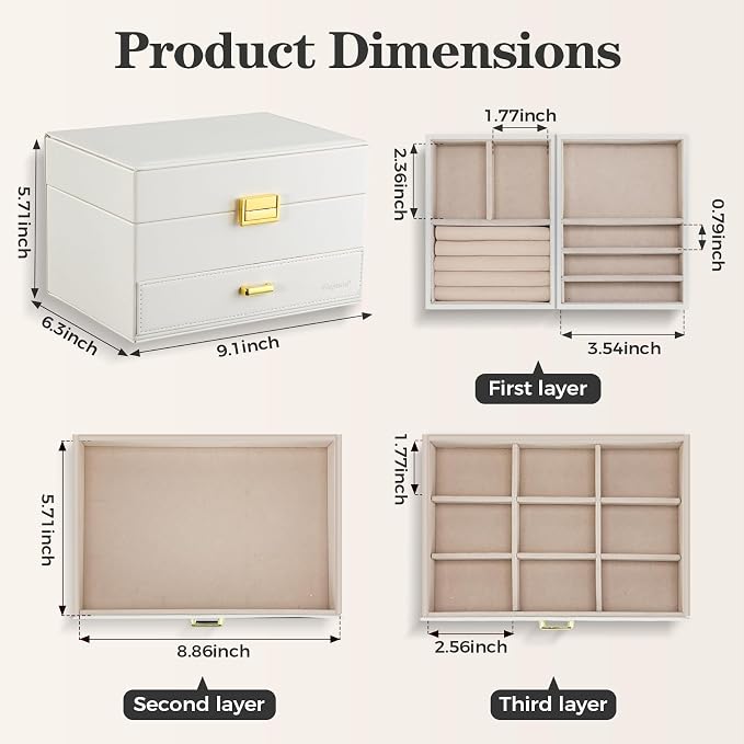 Dajasan Jewelry Organizer Box, Large Jewelry Boxes for Women Girls, Space-Saving 3 Layers Jewelry Storage Case with Drawer, Movable Metal Stand, Modern, Gift Idea (Cloud White + Gold)