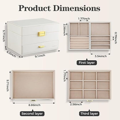 Dajasan Jewelry Organizer Box, Large Jewelry Boxes for Women Girls, Space-Saving 3 Layers Jewelry Storage Case with Drawer, Movable Metal Stand, Modern, Gift Idea (Cloud White + Gold)
