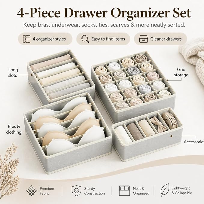 Drawer Organizer Clothes Set, 4 Pack Foldable Dresser Closet Dividers (6/8/7/24-Cell), Non-Woven Underwear & Sock Drawer Organizer, Bra/Tie/Belt Storage Bins (Light Grey)
