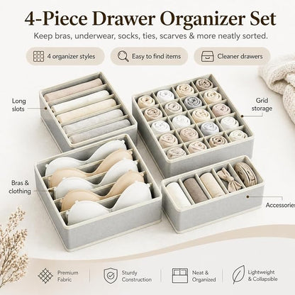 Drawer Organizer Clothes Set, 4 Pack Foldable Dresser Closet Dividers (6/8/7/24-Cell), Non-Woven Underwear & Sock Drawer Organizer, Bra/Tie/Belt Storage Bins (Light Grey)