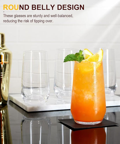LUNA & MANTHA Drinking Water Glasses Set, Lead-Free Crystal Highball Glass, Tall Glass Cups for Cocktail Parties,Clear set of 6,16.2oz