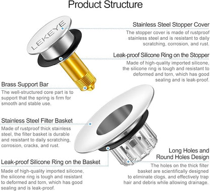 LEKEYE Tub Stopper | Shower Drain Hair Catcher | Pop-up Drain Stopper with Strainer | Bathroom Bathtub Plug | Drain Protector for 1-1/2 to 1-3/4" Bath Drain Hole - Pearl Chrome