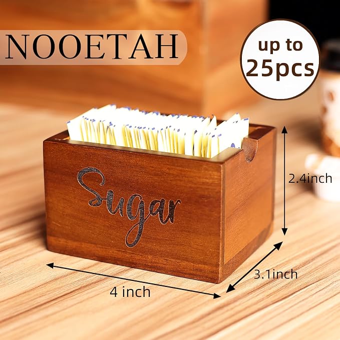 Acacia Sugar Packet Caddy for Coffee Bar, Farmhouse Wood Sugar Holder Packets , Sugar Packet Container, Small Tea Bag Organizer for Office Table,Hotel, Restaurant, Brown Labeled Sugar