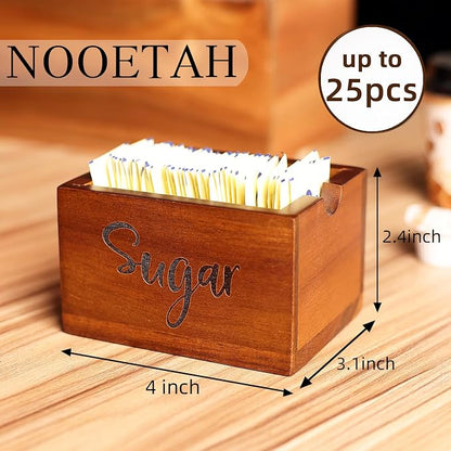 Acacia Sugar Packet Caddy for Coffee Bar, Farmhouse Wood Sugar Holder Packets , Sugar Packet Container, Small Tea Bag Organizer for Office Table,Hotel, Restaurant, Brown Labeled Sugar