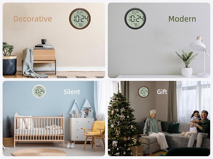 Digital Wall Clock Battery-Operated, 8 Inch Small Decorative Modern Wall Clock with Date, Temperature, Auto-DST, Silent Electric Wall Clock for Bedroom, Living Room, Kitchen, Office, Farmhouse - White